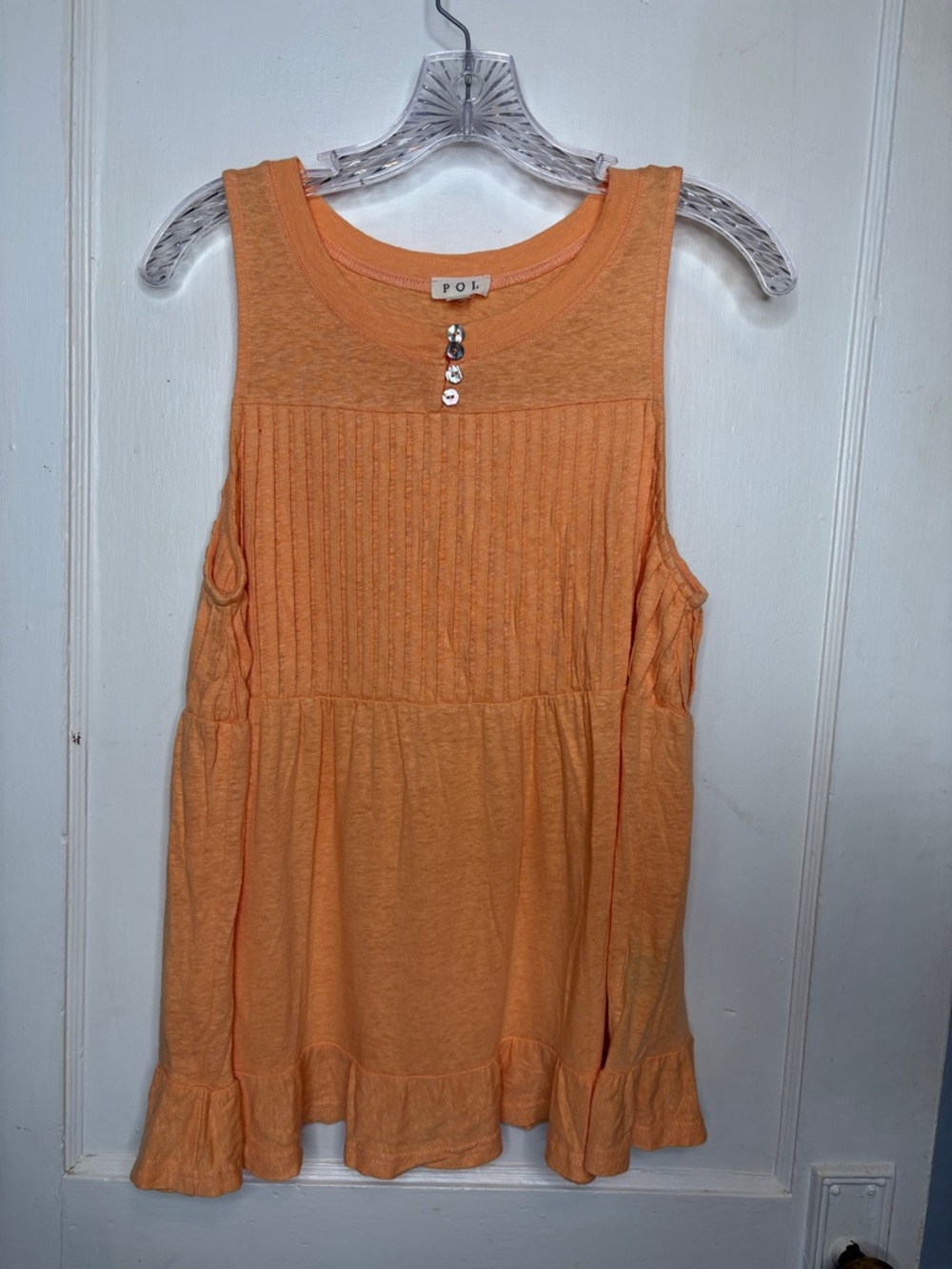 POL Linen Blend Pintuck Tank Sleeveless Top Boho Peachy Orange Sz S